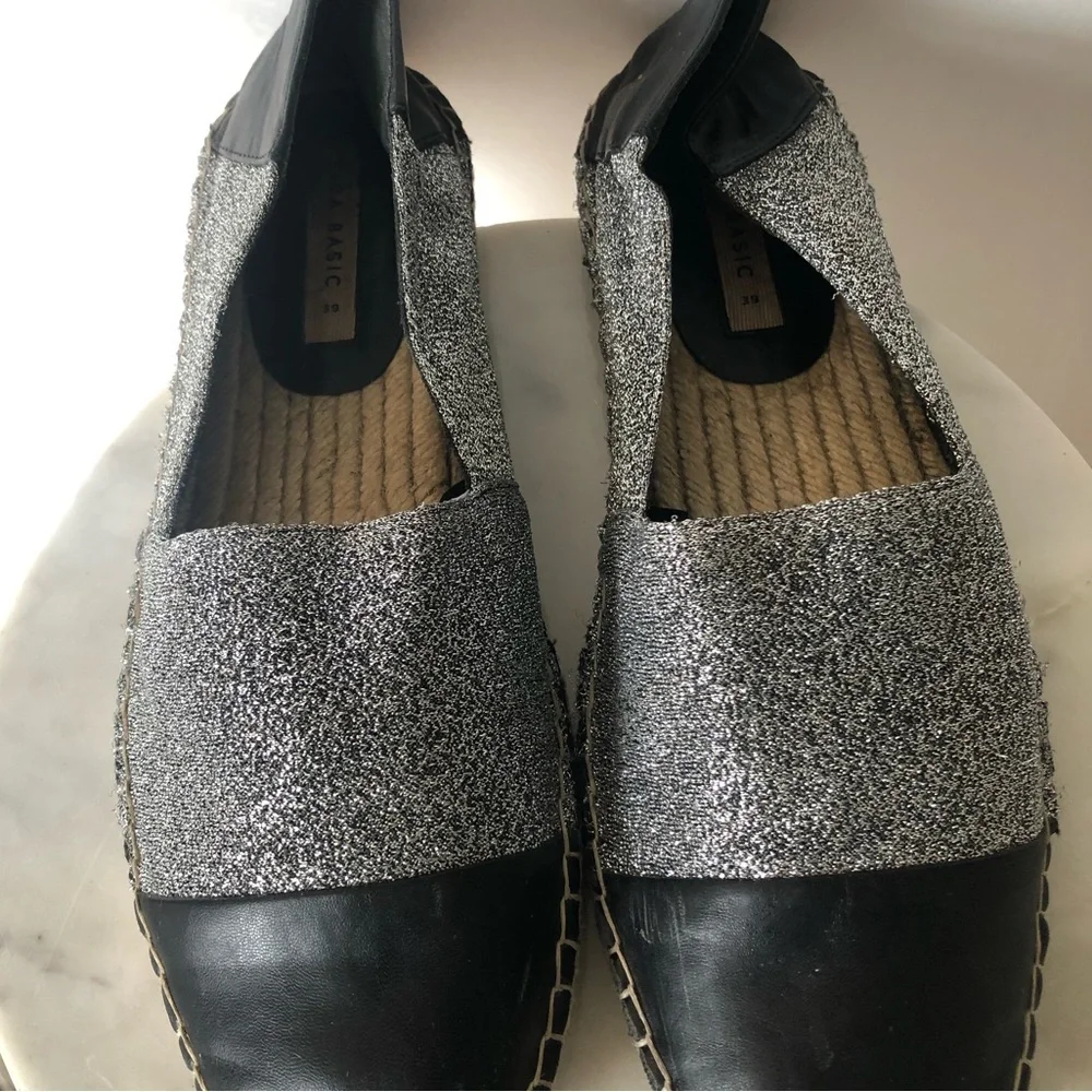 Zara Black and Silver Slip-On Espadrilles